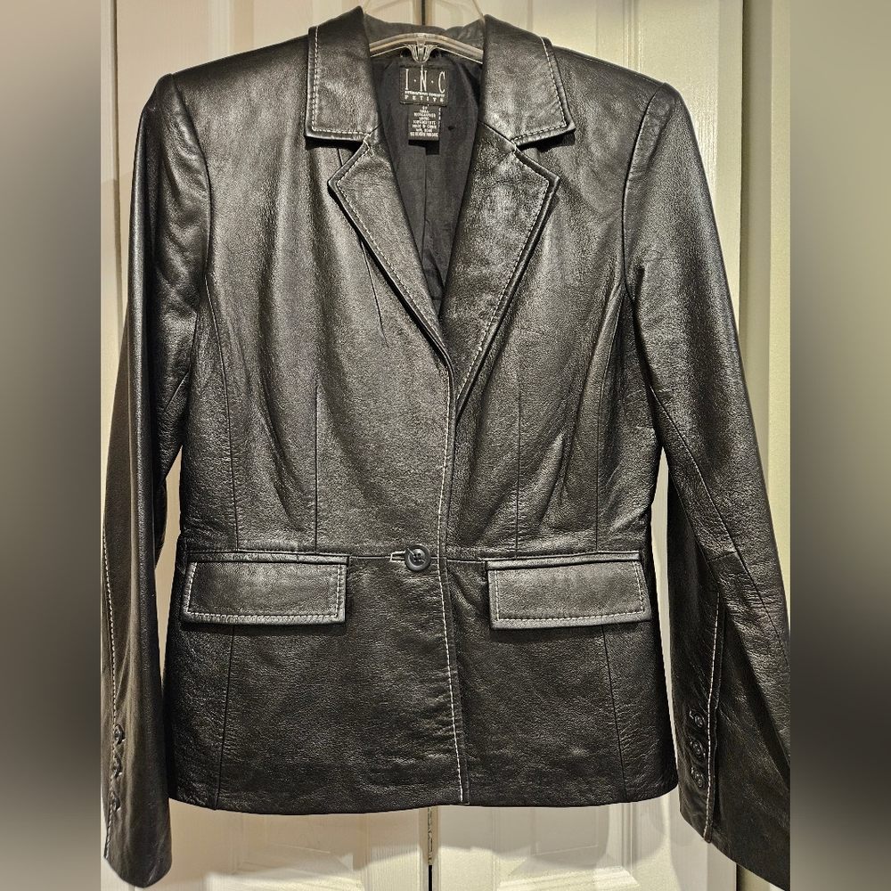 INC International Tailored Black Leather Jacket Blazer White Stitching 8 Petite